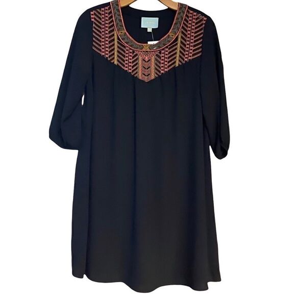 Skies are Blue Sz S NWT Black BOHO Embroidered Collared 3/4 Sleeves Dress - Picture 1 of 10